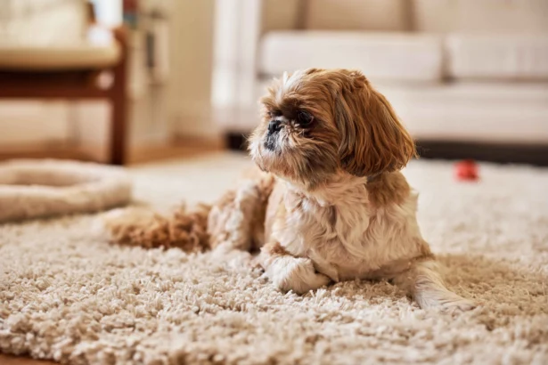 best carpet for dogs: A small Shih Tzu dog lying on a soft beige carpet in a cozy living room, looking to the side.