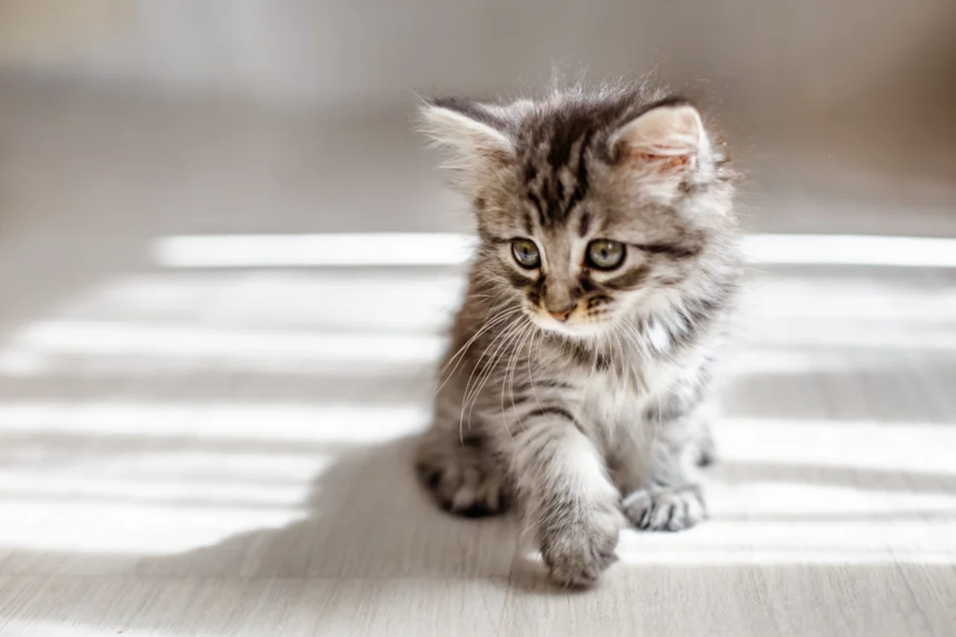 Kitten Training Guide showing young kitten learning and exploring indoors