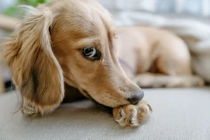 why do dogs lick their paws dachshund dog licking its paw close up indoors