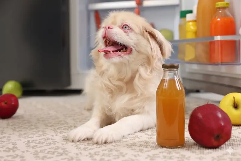 Apple cider vinegar for dogs shown with small dog and natural ingredients in kitchen