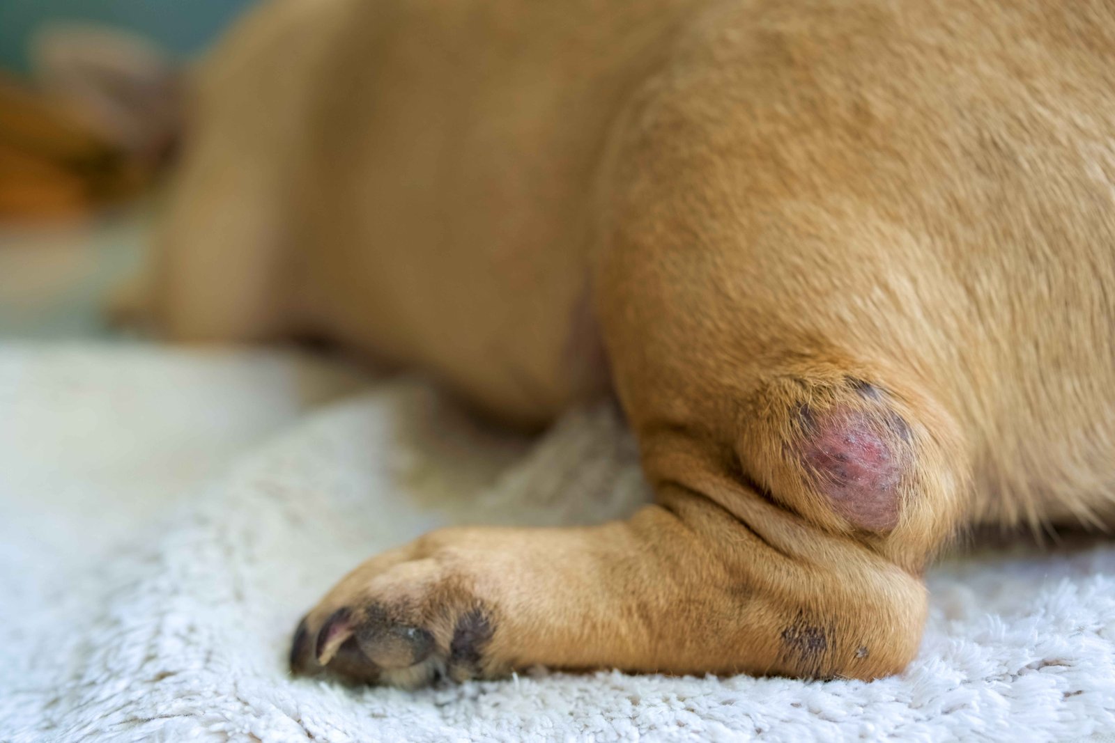 Dog skin rash on hind leg before treatment showing why proper cleaning is important for how to apply treatment safely