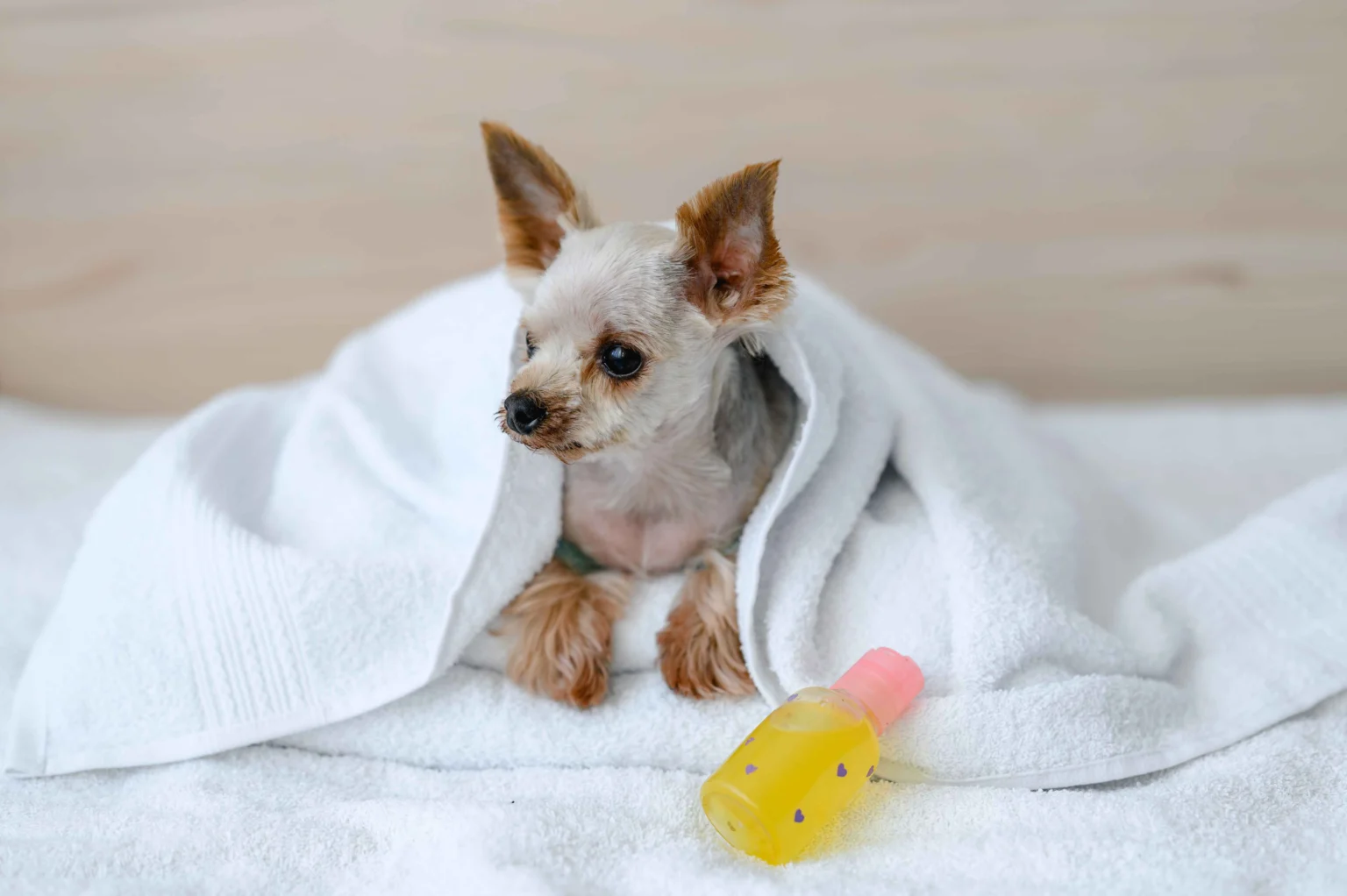 Home remedies for itchy dogs shown with small dog wrapped in towel after bath