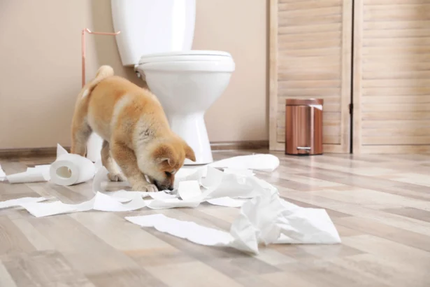 Puppy chewing toilet paper in a bathroom, a common situation that can lead owners to search for dog diarrhea home remedies.