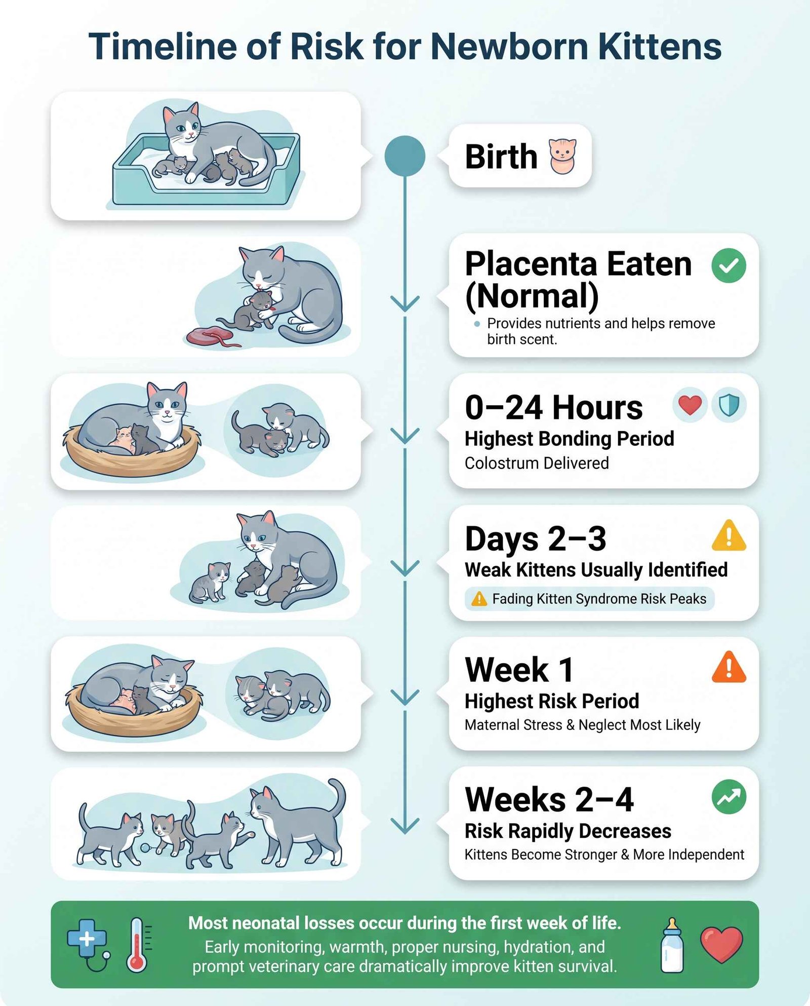 Why Would a Mother Cat Eat Her Kittens? Timeline showing newborn kitten development and risk factors during the first four weeks of life