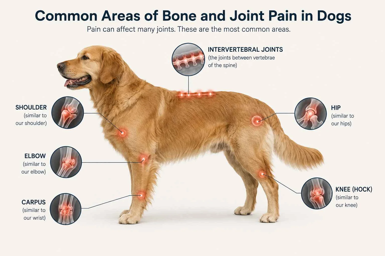 Arthritis in dogs affecting the hips, elbows, knees, shoulders, and spine