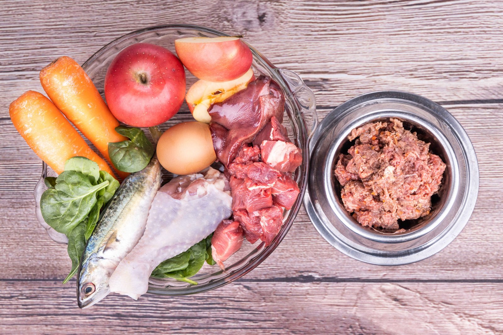 Bowl of raw dog food ingredients including meat, egg, and vegetables
