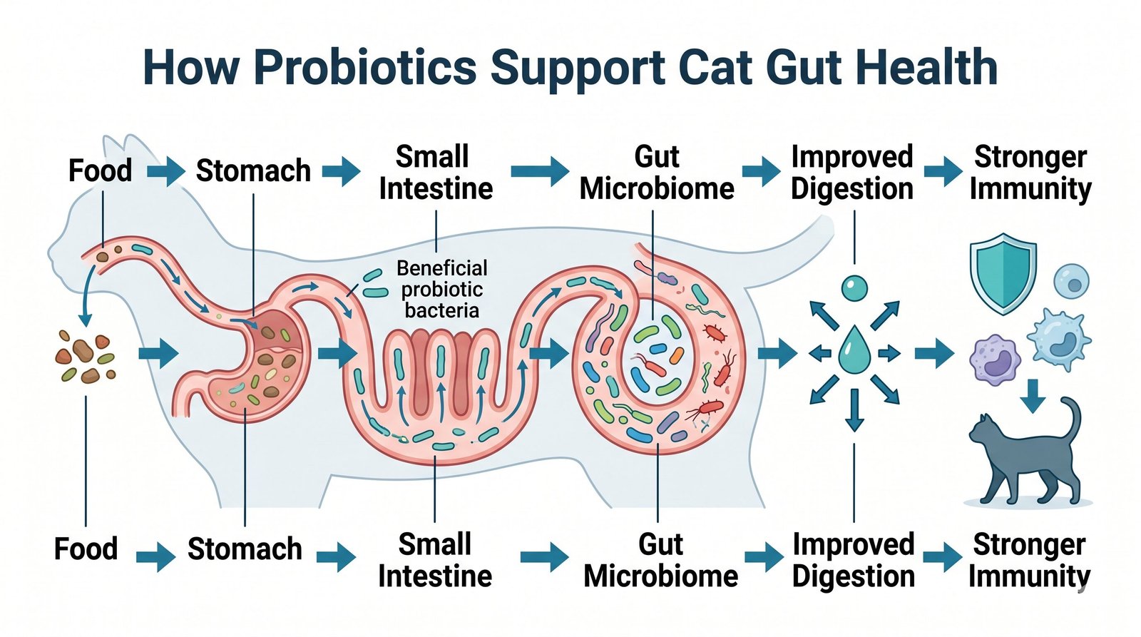 Probiotics for Cats: Benefits, Dosage, and Best Strains for Gut Health 2 How probiotics work in a cat digestive system to support cat gut health, digestion, and immune function