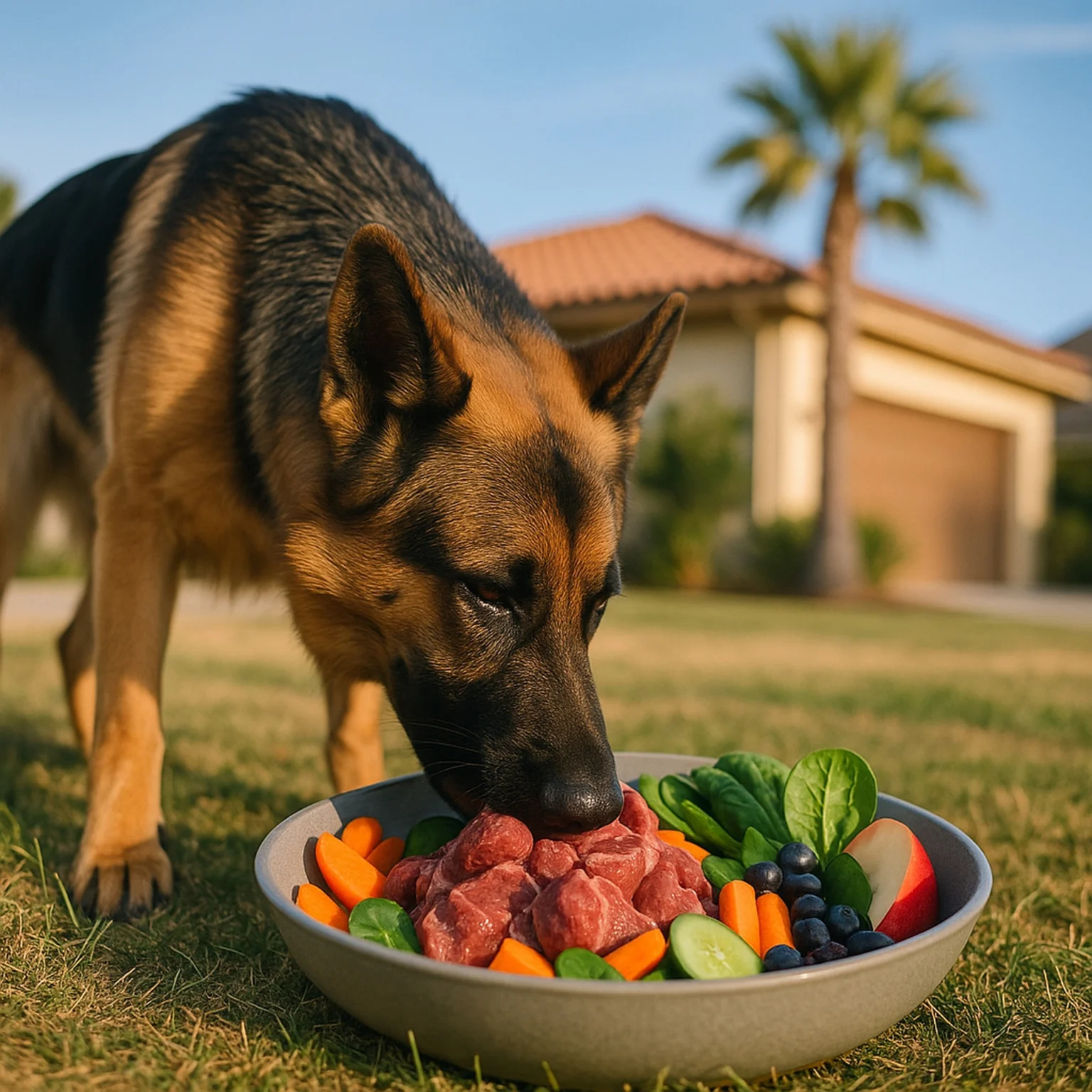 best dog food for German Shepherds: German Shepherd eating healthy raw food bowl balanced diet