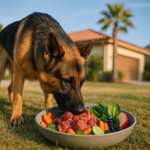 best dog food for German Shepherds: German Shepherd eating healthy raw food bowl balanced diet