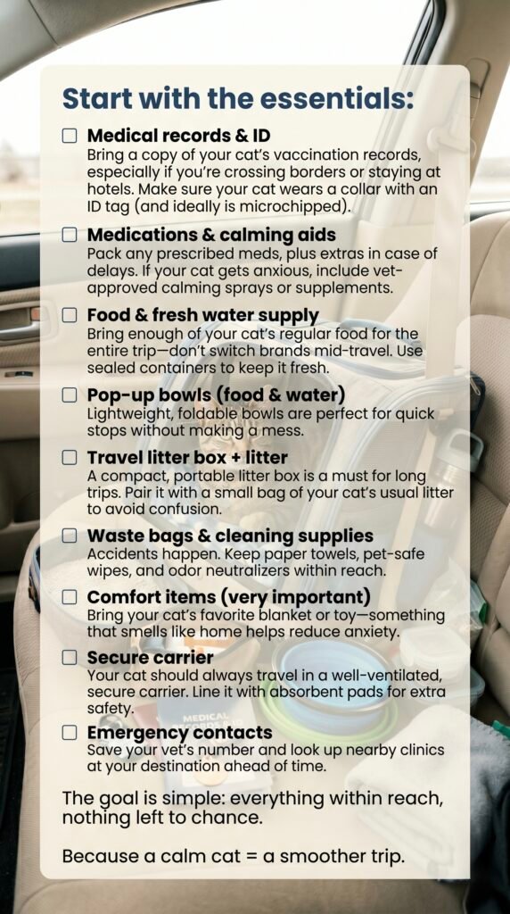 How to Travel With a Cat: Stress-Free Tips for Safe and Comfortable Trips 2 Cat travel checklist essentials including carrier, food, litter box, and supplies for safe travel