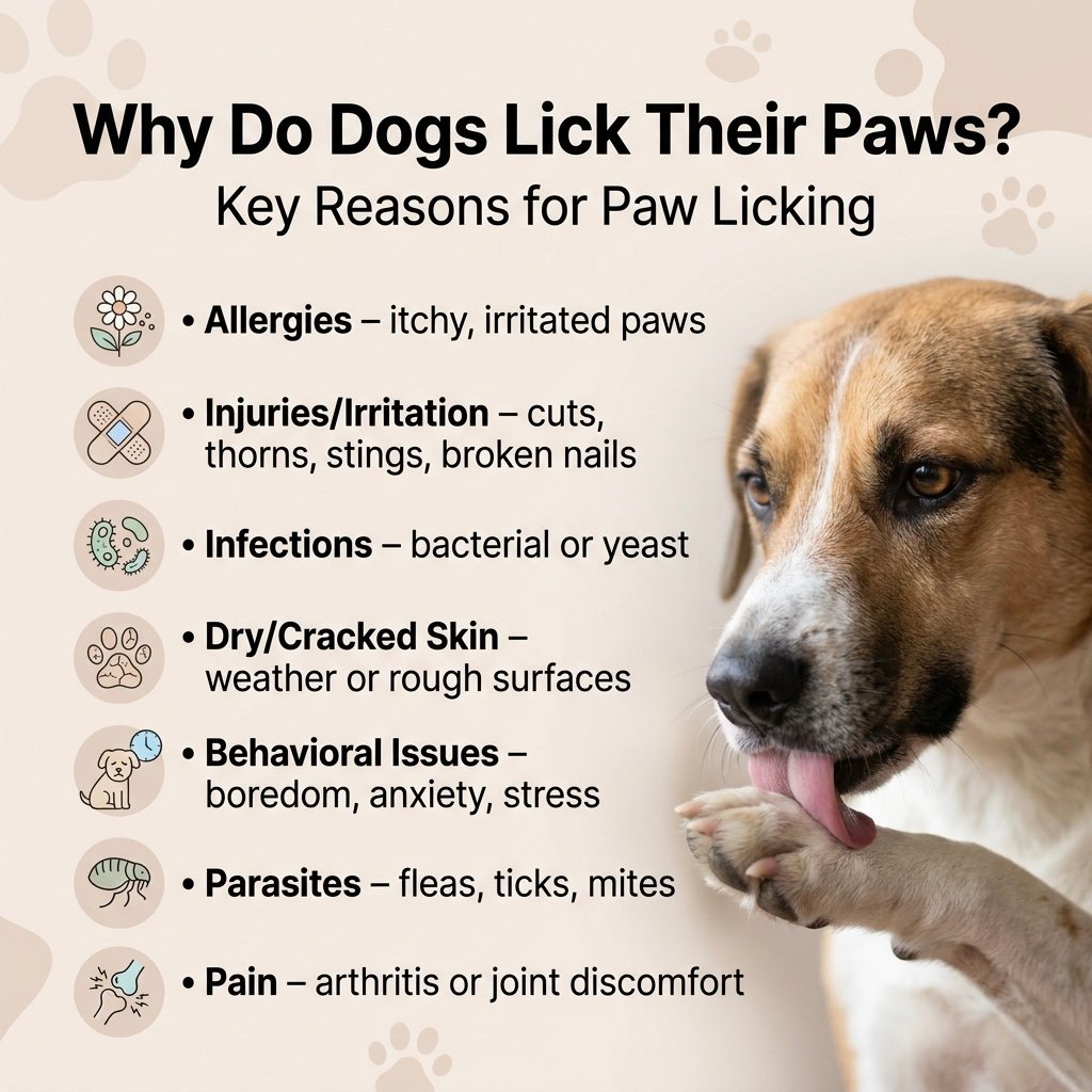 Why Do Dogs Lick Their Paws? Causes, Fixes & When to Worry 2 why do dogs lick their paws infographic showing causes like allergies infections parasites and anxiety