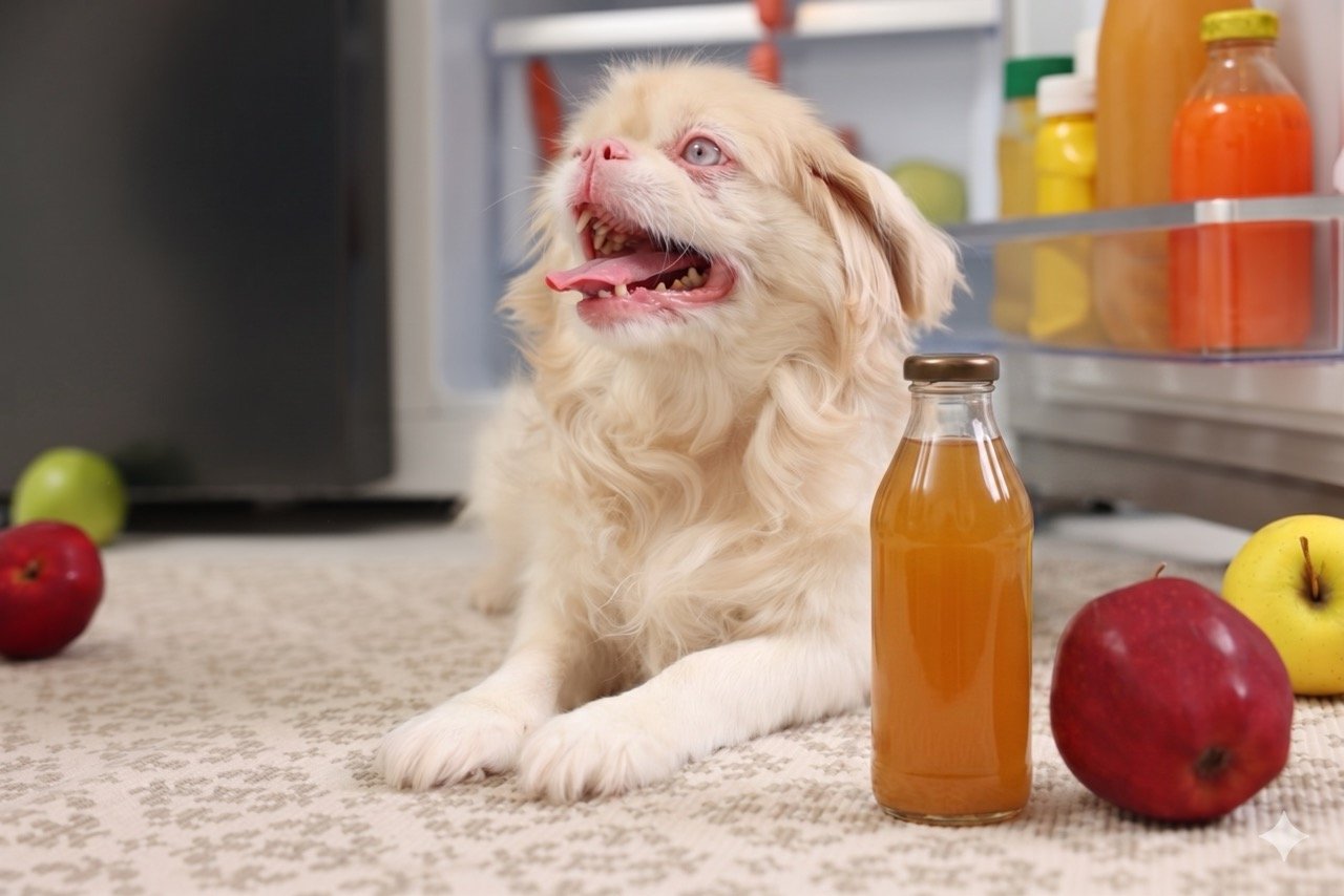 Apple cider vinegar for dogs shown with small dog and natural ingredients in kitchen