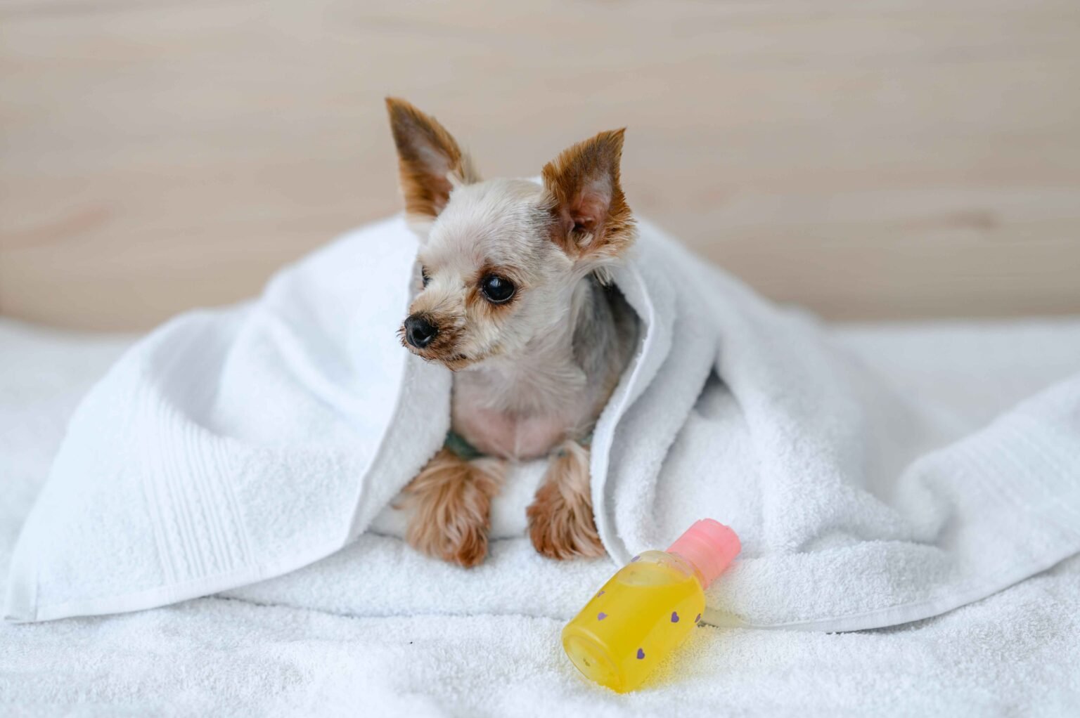 Home remedies for itchy dogs shown with small dog wrapped in towel after bath