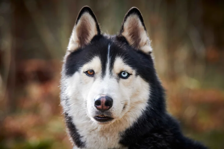 Siberian husky dog portrait with striking blue and brown eyes featured in a Siberian Husky breed guide
