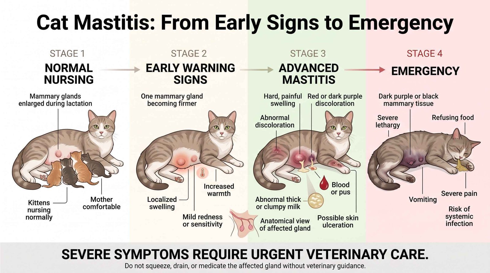 Cat Mastitis: Symptoms, Causes, Treatment & When to See a Vet 2 What Does Cat Mastitis Look Like: early and severe signs in a nursing cat